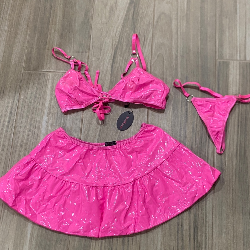 Bright Pink Vinyl Lingerie Set with Skirt